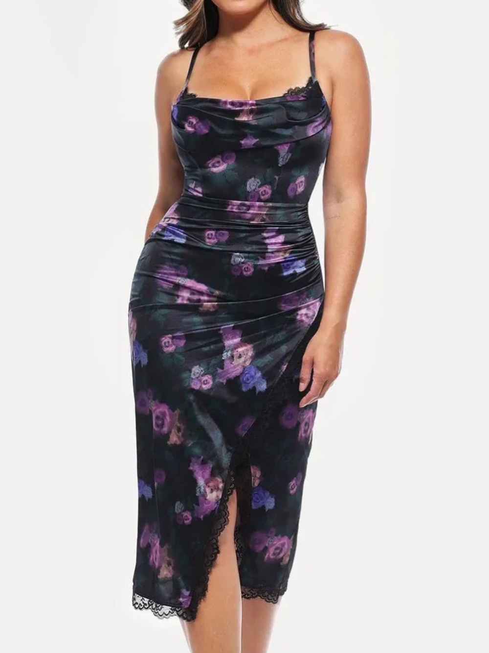 Popilush Satin Floral Slip Dress with Cowl Neck in Black & Purple. - Picture 3 of 5